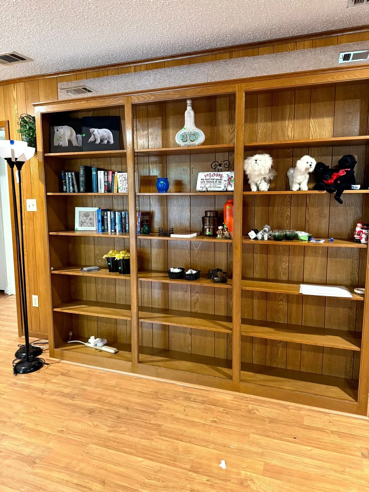 Wall of built-in wooden bookshelves in a Henderson County home, filled with books, framed photographs and ornaments before an estate cleanout